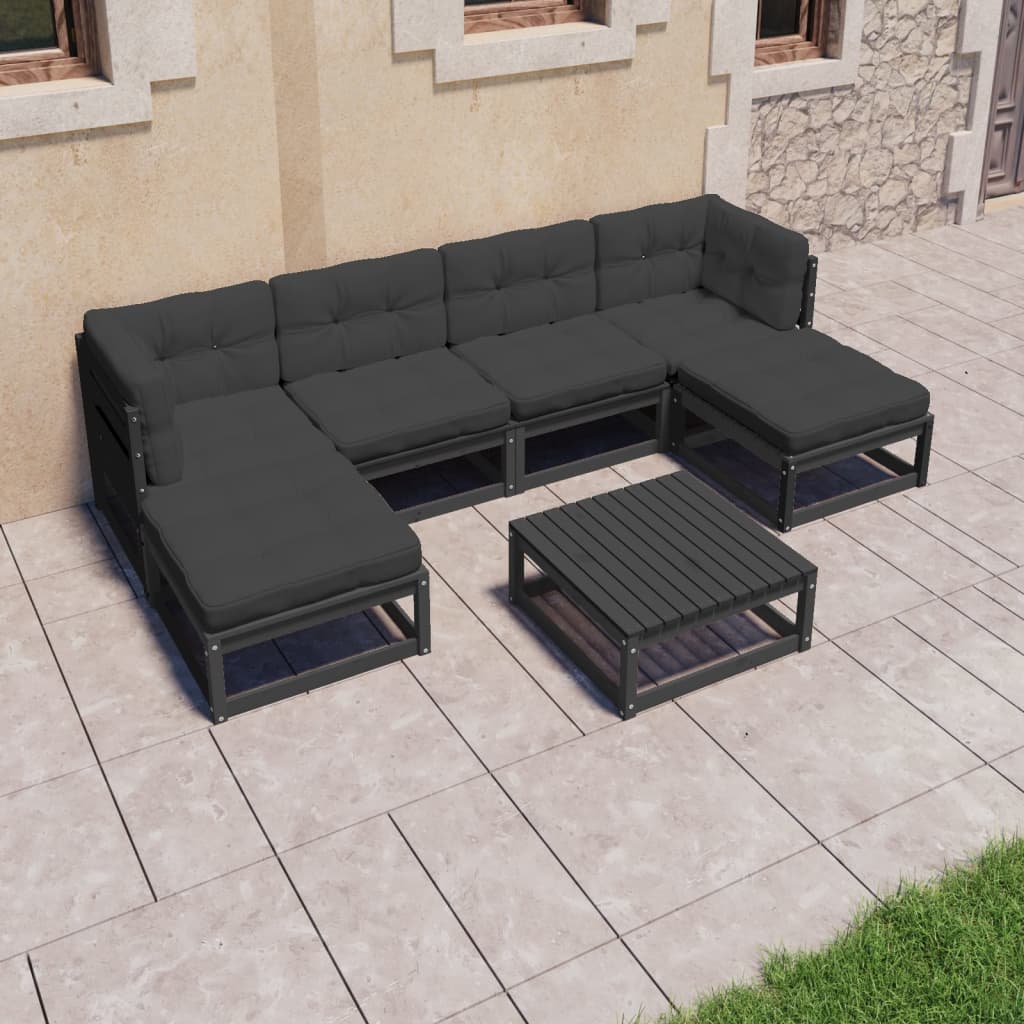 7-tlg. Garten-Lounge-Set mit Kissen Schwarz Kiefer Massivholz
